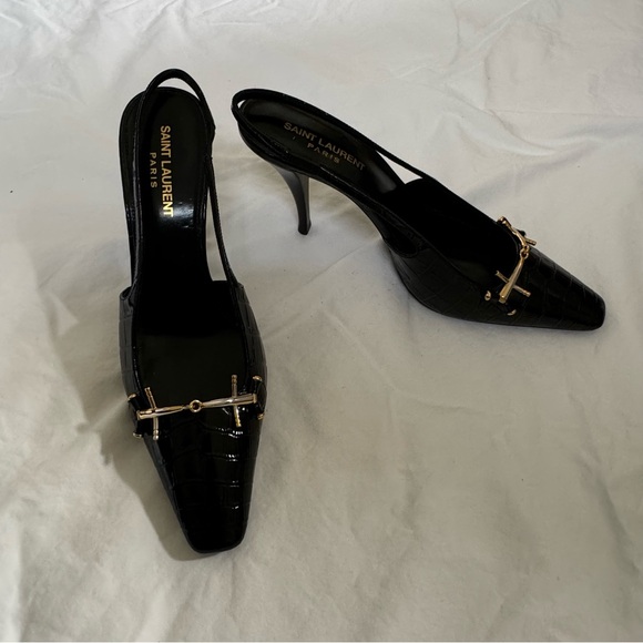 SAINT LAURENT BLADE SLINGBACK PUMPS IN CROCODILE-EMBOSSED PATENT LEATHER - Picture 3 of 9